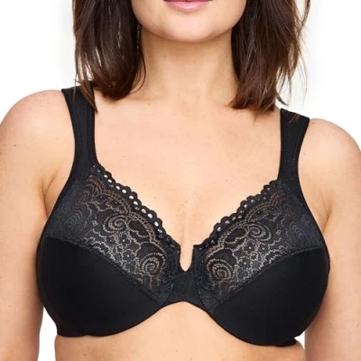 Image of Glamorise Full Figure Plus Size Low Cut Wonderwire Lace Bra Underwire #1240 Black