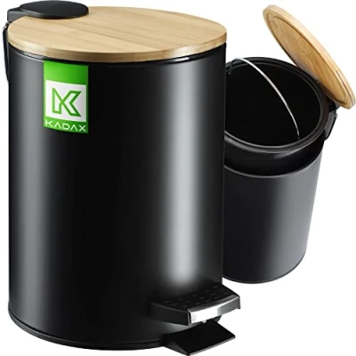 Image of KADAX Bathroom Bin 3L, Small Toilet Trash with Foot Pedal and Internal Bucket, Powder Coated Steel Waste Bamboo Lid (Black)