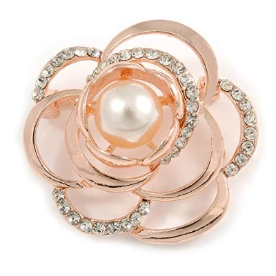 Image of Avalaya Romantic Crystal Rose Brooch in Gold Tone Metal 40mm D