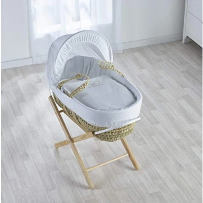 Image of ELEGANT BABY Embroidered Sleepy Owl Palm Moses Basket with Natural Folding Stand, Adjustable Hood, Fibre Mattress &amp; Padded Liner