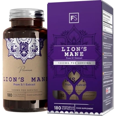Image of FS Lions Mane High Strength Supplement 180 Capsules 1000mg per Serving Lion&#039;s Mushroom Complex Non GMO, Gluten &amp; Allergen Free Made in the UK