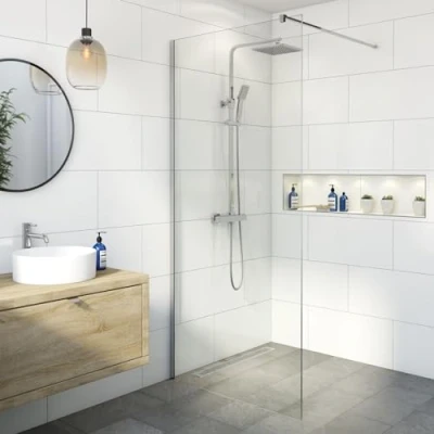 Image of BAYSTONE® 700mm Wet Room Shower Screen Panel 8mm Toughened Safety Easy Clean Glass Walk in Enclosure, Frameless, Chrome