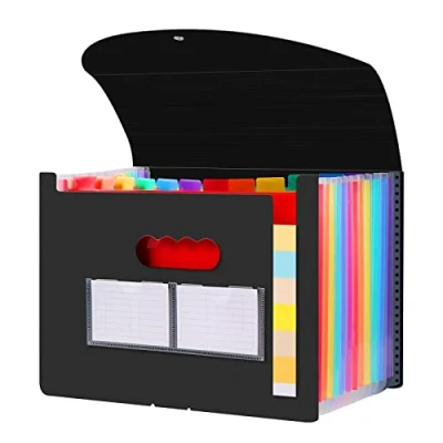 Image of Diboniur Office Document Holder, Administrative Paper Storage, 12 Compartments, Expanding A4 Organiser with Cover, Accordion File Folders (Black)