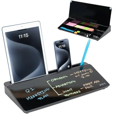 Image of Vivo Glass 16 x 7 inch Dry Erase Board with Storage, Desktop Whiteboard Organizer Hidden Compartments and Device Slot, Black, DESK WB16B