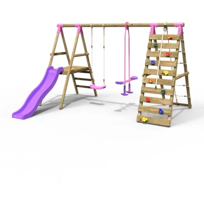 Image of Rebo® Wooden Swing Set with Deck and Slide Plus Up Over Climbing Wall Obsidian Pink OutdoorToys Sturdy Construction, Pressure Treated Timber