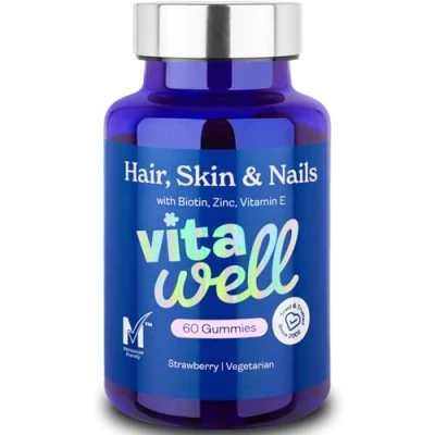 Image of Vitawell Beauty Shine &amp; Glow Gummies Support for Hair Growth + Skin Nails Vitamins Chews Complex Formula Biotin, Zinc, Selenium Vitamin E 60 Sweet Berry Flavour Multivitamin