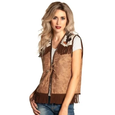 Image of Boland Mens Cowboy Western Vest Fancy Dress Brown with Cow Print and Fringe Wild West Up L/XL Size Perfect for Parties Halloween Cosplay