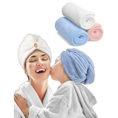 Image of Pack of 3 Hair Towel 100% Cotton Drying Towels Wrap Super Aborbent Quick Dry Soft Twist Turban with Button