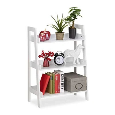 Image of Relaxdays Freestanding Shelf with 3 Levels, Ladder Rack for Decotations, Plants &amp; Books, HxWxD: 82.5 x 61 29 cm, White, Fibreboard