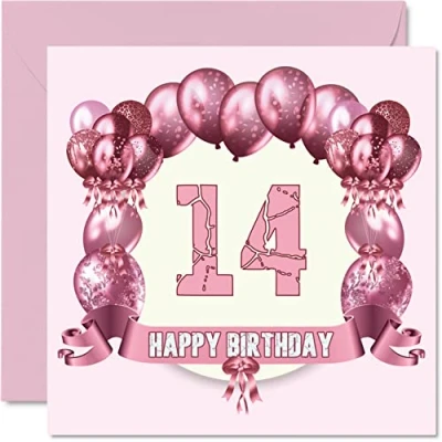 Image of Fun 14th Birthday Cards for Girls Balloons Happy Card Son Daughter Brother Sister Grandson Granddaughter Niece Nephew Cousin, 145mm x Greeting Cards,