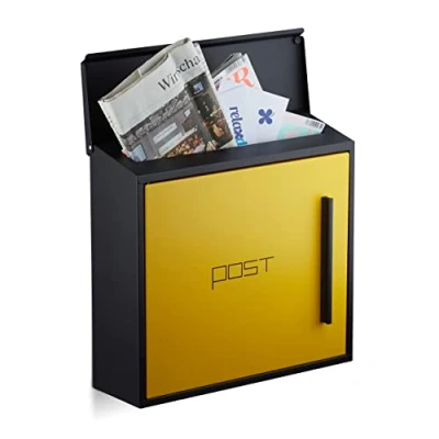Image of Relaxdays Din A4 Slot Steel Modern Letterbox in 2 Colour Design, Black/Yellow, 12.5 x 35 33 cm