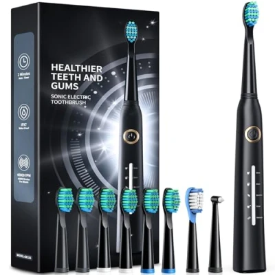 Image of Electric Toothbrush, Sonic Toothbrushes with 8 Brush Heads 40000 VPM 5 Modes, Fast Charge 4 Hours Last 30 Days, Rechargeable Toothbrush for Adult (Black)