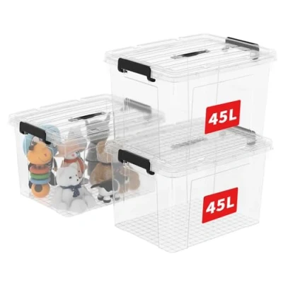 Image of Cetomo 45L*3 Storage Boxes, Carry Plastic Box with Lids, Organizing Container Handle and Secure Latching Buckles, Stackable, Nestable, Tote Bin for Home Office Clothes, 45L 3Pack, Clear