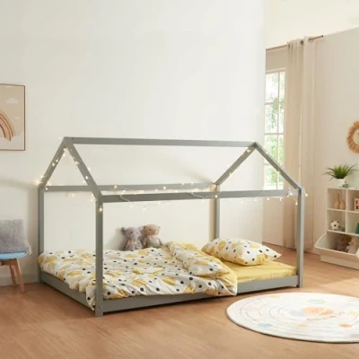 Image of [en.casa] Children&#039;s bed Cerro 120 x 200 cm house youth in look Montessori made of solid pine frame with slatted Grey