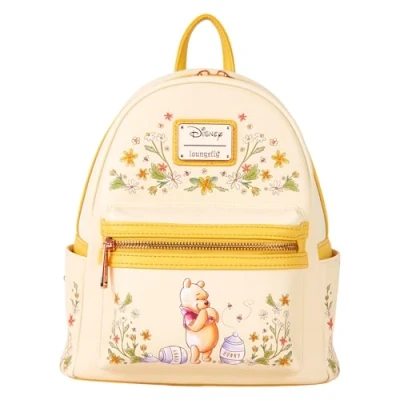 Image of Loungefly Winnie the Pooh Eeyore Mini Backpack Handbag Floral Print Double Strap Shoulder Bag, Yellow, Pooh,
