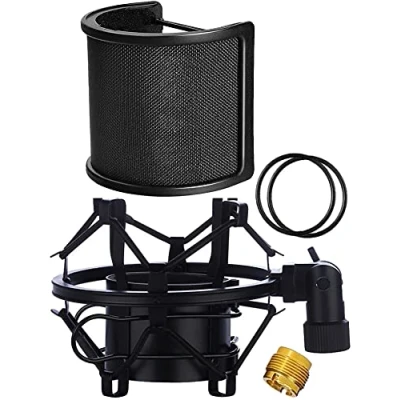 Image of Microphone Shock Mount with Pop Filter, Mic Anti Vibration Suspension Holder Clip for Diameter 46mm 51mm