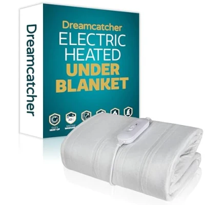 Image of Dreamcatcher King Electric Blanket 165 x 137cm, Soft Polyester Fitted Underblanket Mattress Cover, 3x Heat Settings, 1x Controller and Machine Washable Heated