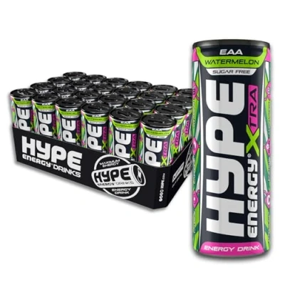 Image of Hype Energy XTRA Watermelon Drink 24x250ml Caffeine Content, Taurine &amp; 4x B Vitamins Vegan, Gluten Sugar Free Amino Acid Boost and Juicy Fusion