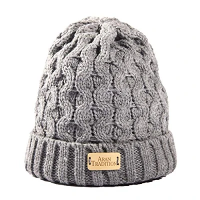 Image of Aran Traditions Ribbed Beanie Hat (Steel), Hat, for Men and Women, Grey Beanie, Bobble Warm Winter