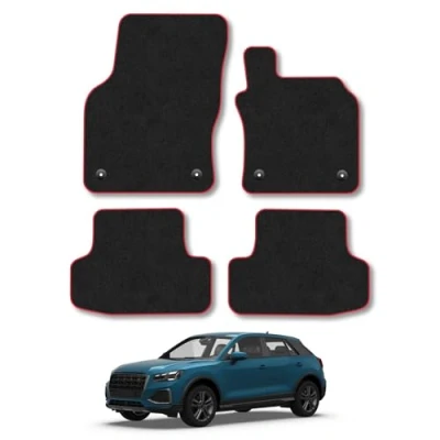 Image of Car Mats Compatible with Audi Q2 (2017+) Tailored Fit Red Trimmed Carpet Floor Mat Set Accessory Black Custom Fitted 4 Pieces Clips Anti Slip Backing &amp; Trim Edging