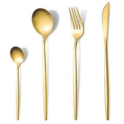 Image of Cutlery Gold Matte Set for 6 People, 24 PCS Thin Handle Knife Fork Spoon, SANLI Modern Stainless Steel Crockery Dishwasher Safe.