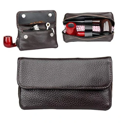 Image of LUCKFY Health Secure Soft Genuine Leather Smoking Tobacco Pipe Pouch Portable Case Bag for 2 Pipes Tamper Filter Tool Cleaner Preserve Freshness,Brown