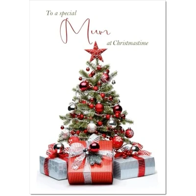 Image of doodlecards Mum Christmas Card Parcels and Tree Medium Size with Plain Envelope