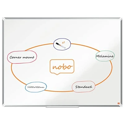 Image of Nobo Melamine Whiteboard, Non Magnetic, 1200 x 900mm, Aluminium Trim, Corner Wall Mounting, Includes Whiteboard Pen, Premium Plus, 120 90cm, White, 1915168