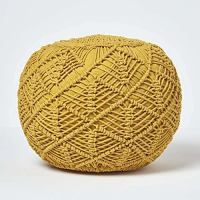 Image of HOMESCAPES 40 cm Tall Mustard Yellow Macrame Knitted Pouffe Been Filled Crochet Round Footstool 100% Cotton Braided Design x 50