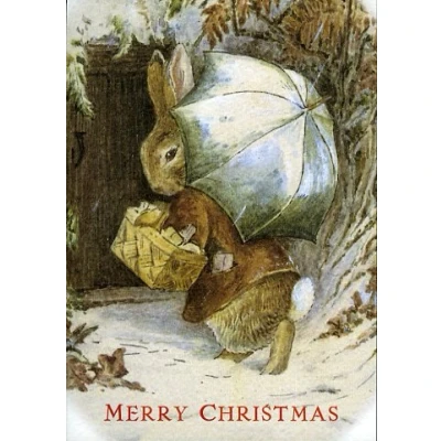 Image of Beatrix Potter Merry Christmas Umbrella Rabbit Greeting Card