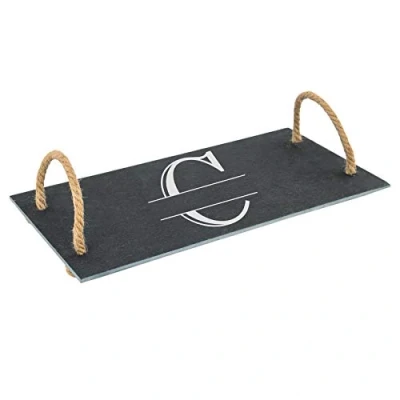 Image of Personalised Engraved Novelty Initial and Name Slate Serving Tray with Rope Handles, Letter C, Personalise Any Name, Perfect for Occasion