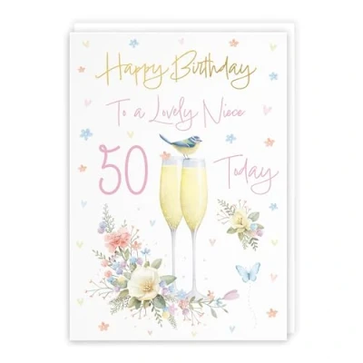 Image of Hunts England 50th Niece Champagne Flutes Birthday Card Luxury Gold Foil Milo&#039;s Gallery Age 50 Butterflies, Hearts, Flowers Pretty For A5 Size