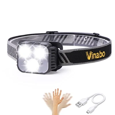 Image of Vinabo Head Torch Rechargeable, LED Headlamp with Red Warning Lights, Camping Headlight Sensor Control, 6 Light Modes, IPX4 Waterproof for Fishing, Camping, Hiking, Cycling, Running