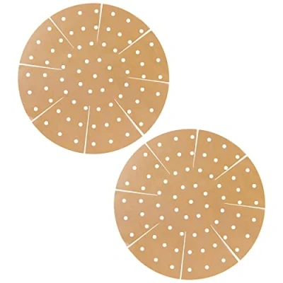 Image of SPARES2GO Air Fryer Drawer Liners compatible with Cosori 3.5L 3.8L 4.7L 5.5L XXL Non Stick Round Perforated Mats (Brown, Pack of 2)