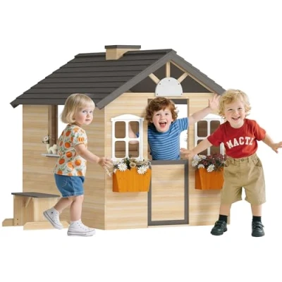 Image of Outsunny Wooden Playhouse For Kids Outdoor Wendy House with Door, windows, Bench, Service Stations, Flowerpot Holder, Ages 3 7 Years