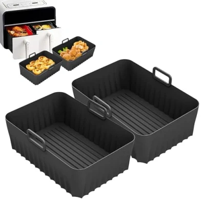 Image of 2 Pack Silicone Air Fryer Liners for Ninja Dual AF300UK &amp; AF400UK, Thicker 180g Durable Design Even Heat Distribution Grease Separation, Reusable Pot Basket Accessories