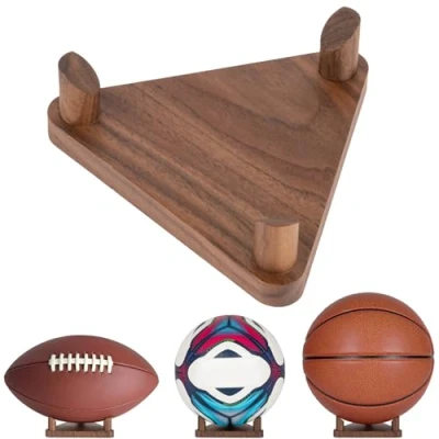 Image of PUERSI Ball Stand Display for Basketball Football Soccer Volleyball, Walnut Holder Case Rack