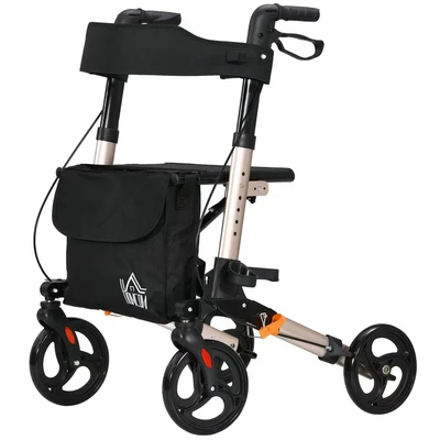 Image of HOMCOM 4 Wheel Rollator with Seat and Back, Folding Mobility Walker Carry Bag, Adjustable Height, Dual Brakes, Cane Holder, Lightweight Aluminium Walking Frame for Seniors Disabled, Gold Tone