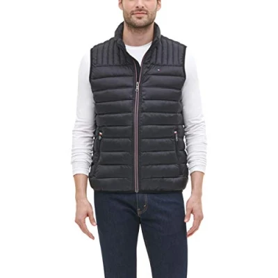 Image of Tommy Hilfiger Men&#039;s Heavyweight Quilted Sherpa Hooded Parka Down Vest, Old Black, M