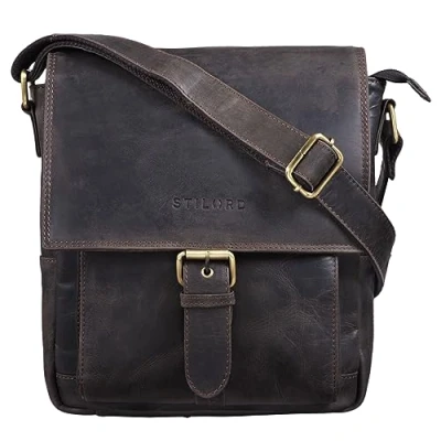 Image of STILORD &#039;Nevio&#039; Men&#039;s Leather Shoulder Bag Small Messenger Elegant Vintage Design Crossbody for 10.1 Inch Tablet iPad Genuine Leather, Colour:Dark Brown