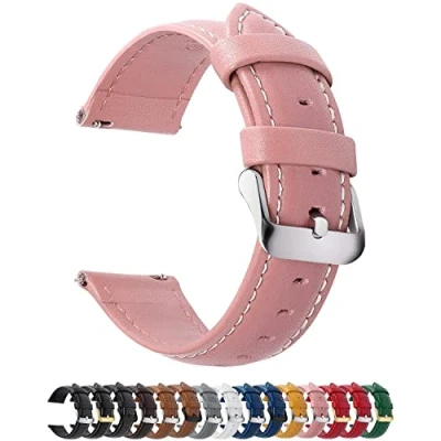 Image of Fullmosa Watch Strap, Genuine Leather Straps with Stainless Metal Clasp, Quick Release Replacement Bands, 14mm 16mm 18mm 19mm 20mm 22mm 24mm, Pink