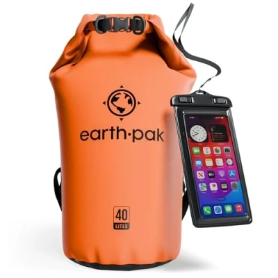 Image of Earth Pak Waterproof Dry Bag Roll Top Sack Keeps Gear for Boating, Hiking, Camping and Fishing with Phone Case (Orange, 40L)