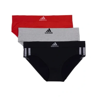 Image of adidas Women&#039;s Seamless Hipster Underwear 3 Pack Panties, Black with Stripes/Heather Grey/Vivid Red, S