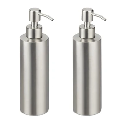 Image of Relaxdays Soap Dispenser, Set of 2, 300 ml, Stainless Steel, Refillable, for Liquids, Bathroom &amp; Kitchen, Pump, Silver