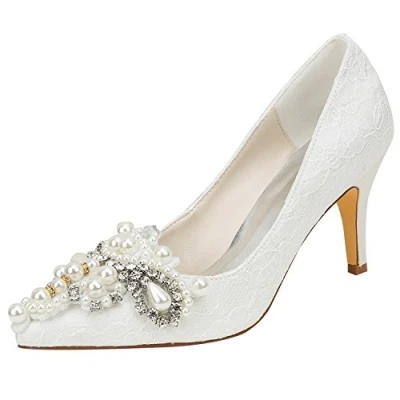 Image of Emily Bridal Lace Wedding Shoes Ivory Pointed Toe Rhinestones Beaded High Heel Pumps (EU39/UK6, Ivory)
