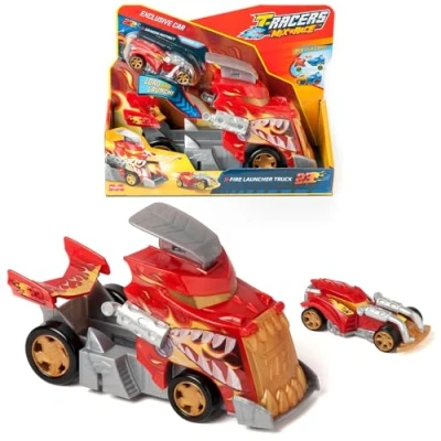 Image of T Racers MIX&#039;N Race fire Launcher truck with details. Includes 1 exclusive vehicle press the trigger to launch. Compatible other Mix &#039;N