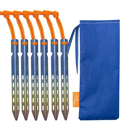 Image of TiTo Titanium Tent Stakes 10X10X160mm 6 Pack V Shaped Windproof Nail Pegs with Carrying Pouch for Camping, Hiking, Gardening and Canopy (Colorful)