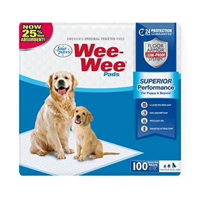 Image of Four Paws Wee Superior Performance Pee Pads for Dogs &amp; Puppies, with 6 Layer Leak Proof Technology, House Training Large, 56cm x 58cm (22&quot; 23&quot;), (100 Count)