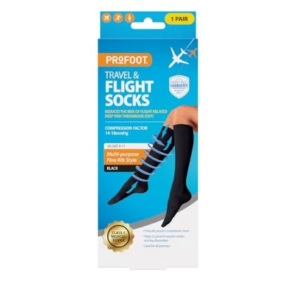 Image of Profoot Flight Compression Ribbed Socks Unisex 1 Pair, Knee High Travel &amp; Black UK Size 8 11