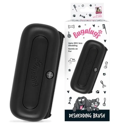 Image of Bugalugs Deshedding &amp; Grooming Brush for Dogs, Cats, Horses Rabbits Gentle Effective Pet Tool With Wide Shallow Comb, Smooth Groomer Cat, Dog and Horse, Comb (Black)